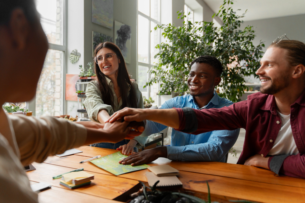 A team of employees collaborating
